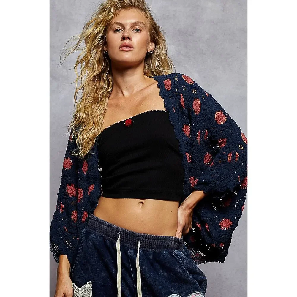 POL Relaxed Fit Batwing Chenille Crochet Cardigan - Blue and Red ONE SIZE